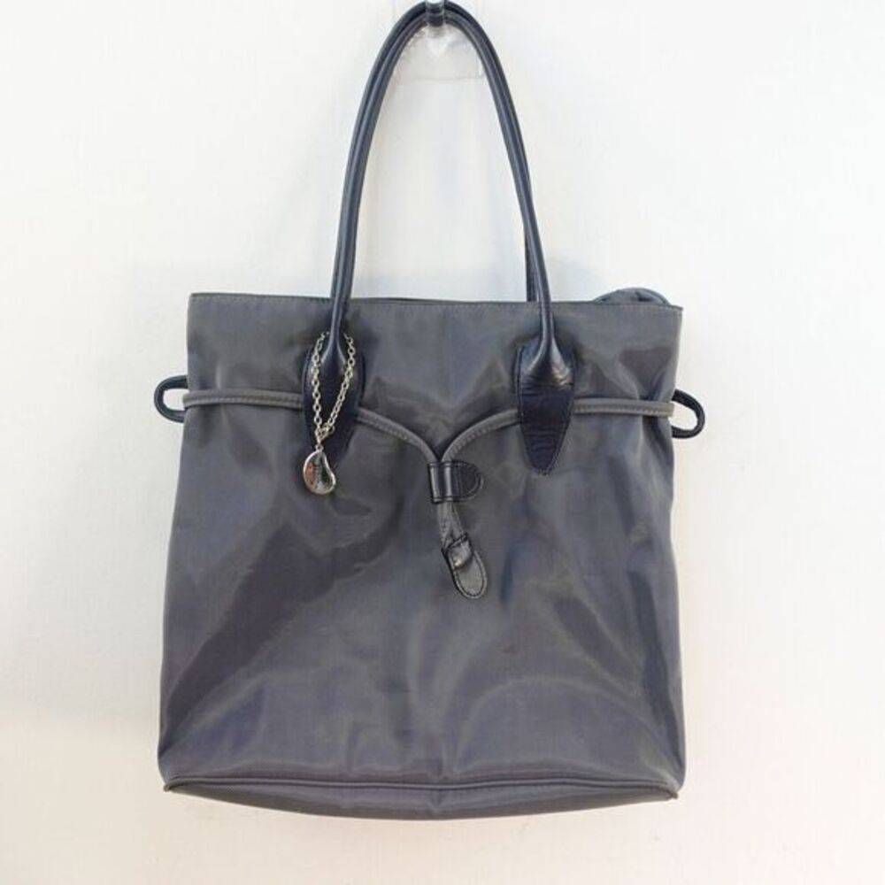 Norma Kamali Bag Blue Silver Medium Tote Travel Purse Stripe Nylon Top Handle